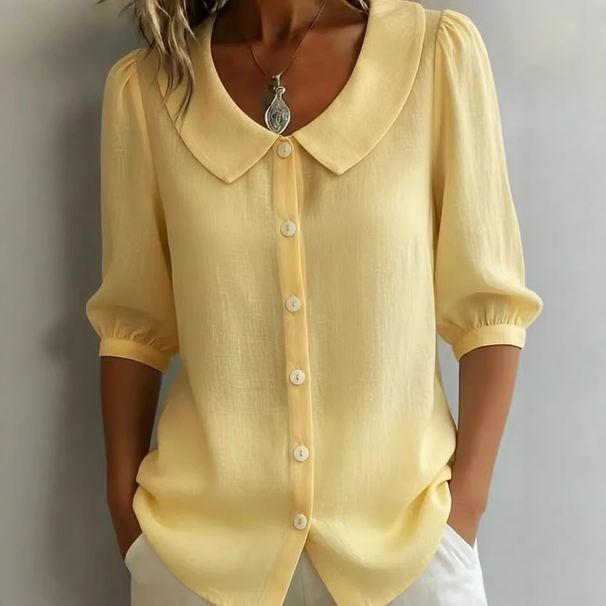 Women's Summer Style Loose V Neck Linen Shirt Short Sleeve Design Niche Commuter Top_ecoleips.com