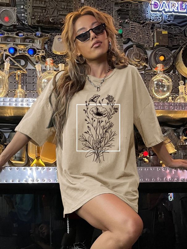 Women's Clothing Women's Khaki Casual T-Shirt Round Neck Short Sleeves Floral Print Simple Top Style Loose Fit_ecoleips.com