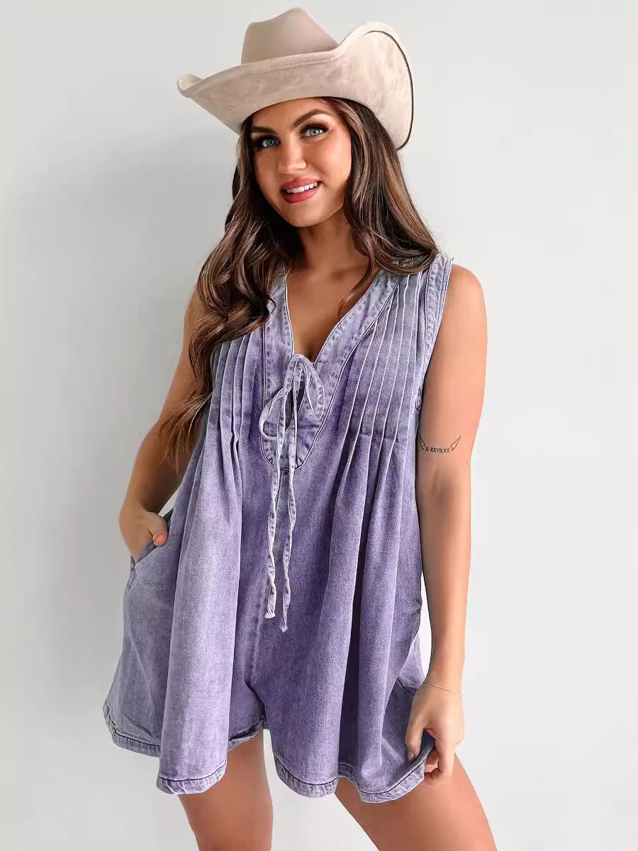 Women's Clothing Summer New Products Street Fashion Sleeveless Short Sleeved Shorts Denim Jumpsuit_ecoleips.com