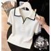 Women's White Collared Knit Top Short Sleeved Color Blocked Ribbed Design Slimming Elegant Summer New Style_ecoleips.com