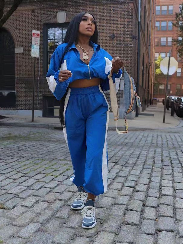 Women's Clothing Street Women's Casual Long Sleeved Zipper Waist Top Drawstring Straight Pants Suit_ecoleips.com