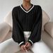 Women's Clothing Autumn And Winter Temperament Contrast Color Cable Sweater Loose V Neck Fashionable Tops For Women_ecoleips.com