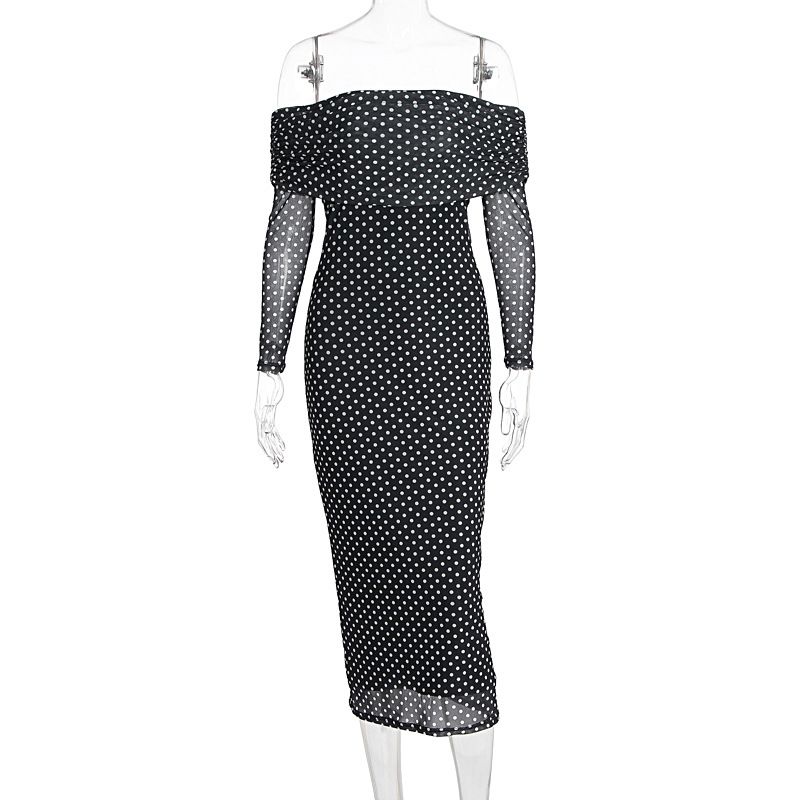 Autumn Long Sleeve Dress Women Sexy Slim Fit Off Shoulder Mesh Polka Dot Patchwork Dress For Ladies_ecoleips.com