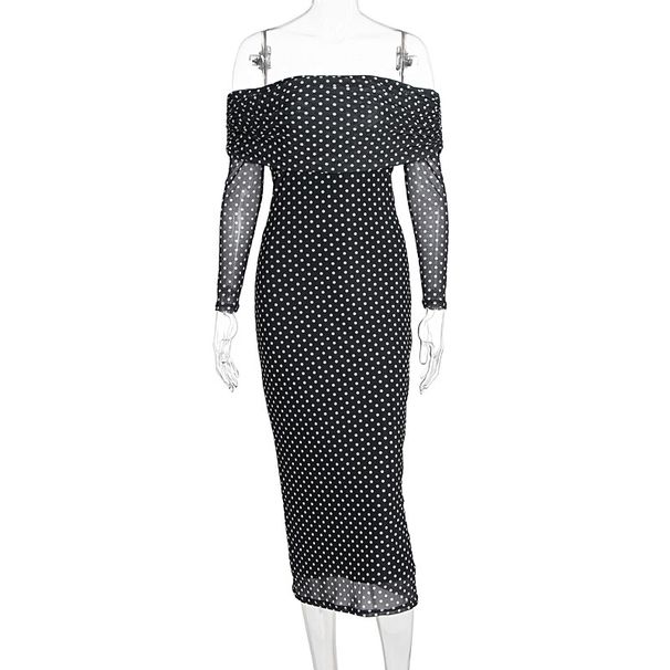 Autumn Long Sleeve Dress Women Sexy Slim Fit Off Shoulder Mesh Polka Dot Patchwork Dress For Ladies_ecoleips.com