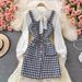 Women's temperament bow tie shirt two-piece suit tweed plaid suspender dress_ecoleips.com