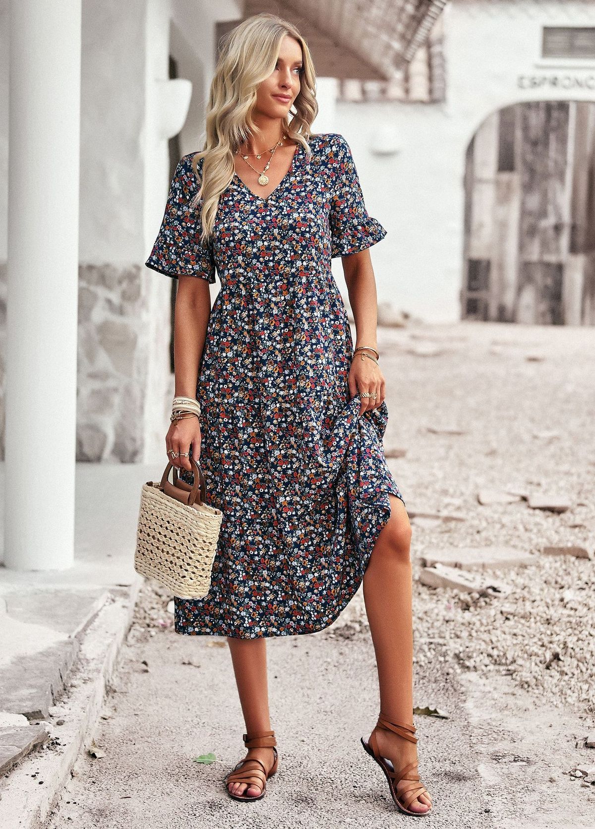 Women's Clothing Self Developed And Designed V Neck Elegant Dress Summer Short Sleeved Holiday Dress_ecoleips.com