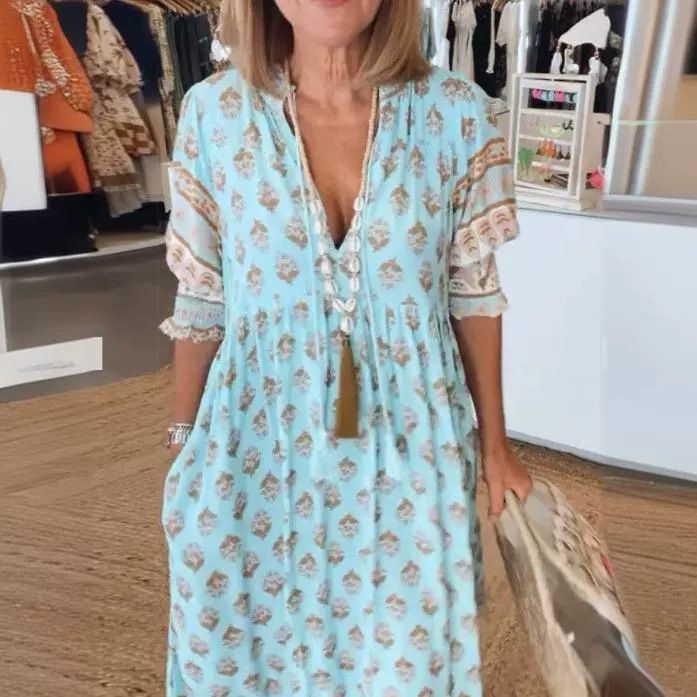 Women's Bohemian V-Neck Dress With Fashionable Prints, Lantern Sleeves, High Waist, And Wide Skirt Perfect For Summer_ecoleips.com