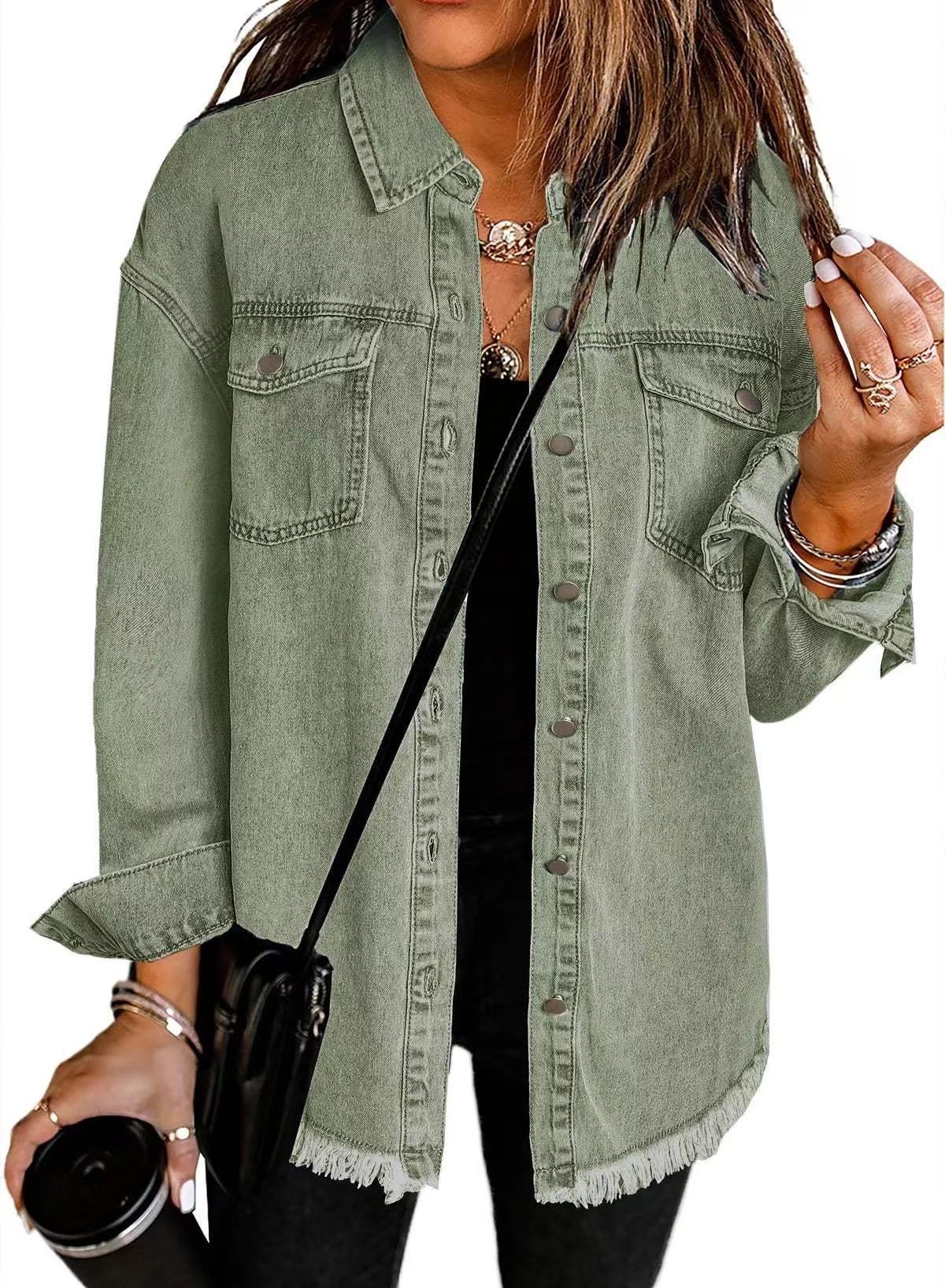 Women's Distressed Denim Shirt Jacket - Oversized Streetwear Style With Raw Hem Detail (15 Colors, S-2XL)_ecoleips.com