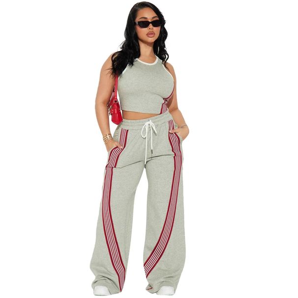 Women's Clothing Women's Fashion Casual Vest And Side Striped Sports Style Trousers Two Piece Set_ecoleips.com