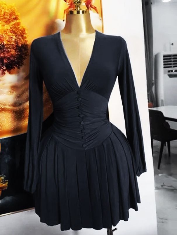 Women's Clothing Pleated V-Neck Long Sleeve Dress Slim Waist Short Skirt French Temperament Fashion_ecoleips.com