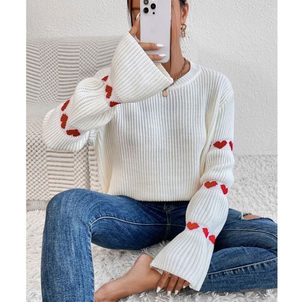Women's Oversized Long Sleeve Sweater With Stripe & Heart Embroidery - Soft Acrylic Knit Pullover, Round Neck, Sweet Casual Tops_ecoleips.com