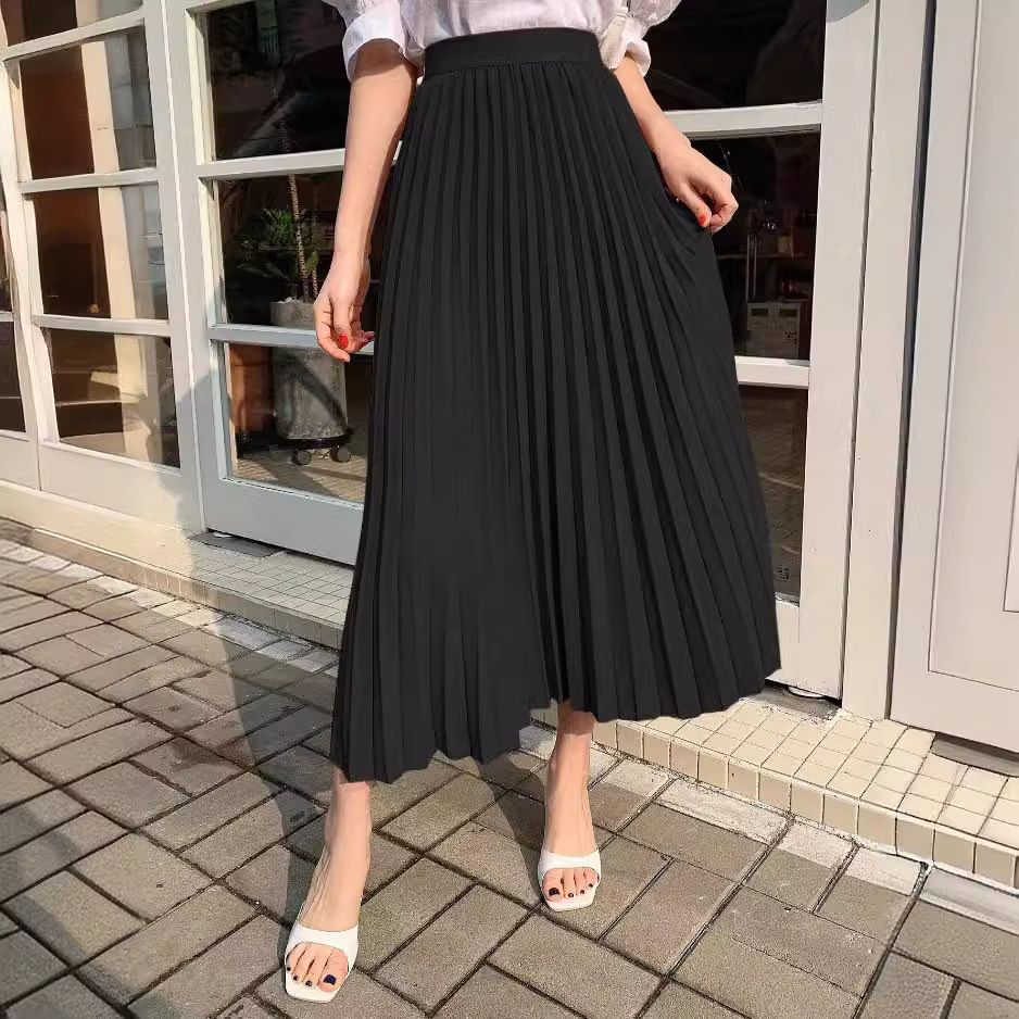 Women's Clothing Temperament Simple Pleated Skirt New Summer Style High Waist Slim A Line Skirt Long Versatile Slim Skirt_ecoleips.com