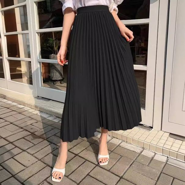 Women's Clothing Temperament Simple Pleated Skirt New Summer Style High Waist Slim A Line Skirt Long Versatile Slim Skirt_ecoleips.com
