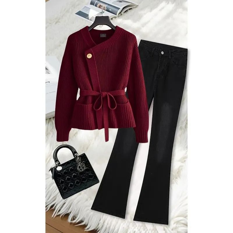 Women’s Clothing Korean autumn and winter new style light luxury unique V neck knitted sweater female fashion black flared pants two piece suit trendy_ecoleips.com
