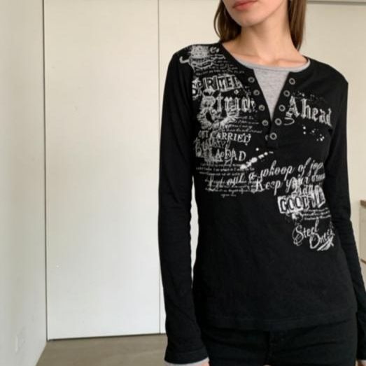 Slim Fit Long Sleeve Printed T-Shirt Base Layer Top Henry Faux Two Piece Retro Black Collar with Lettering Slimming Effect Women's Clothing_ecoleips.com