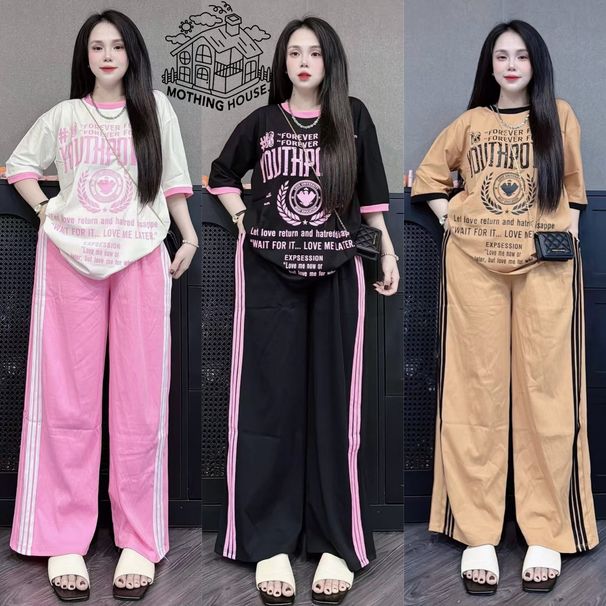 Women's Summer Fashion Two Piece Set American Retro Style Letter Print T-Shirt And Wide Leg Pants Slimming Effect_ecoleips.com
