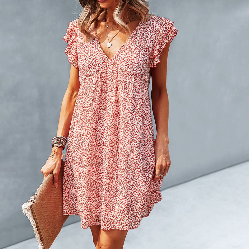 Loose Floral Women's 2023 V-neck Sexy Short-sleeve Chiffon Dress Summer New Commuting European And American Style_ecoleips.com