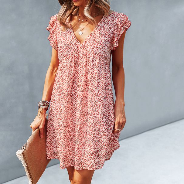 Loose Floral Women's 2023 V-neck Sexy Short-sleeve Chiffon Dress Summer New Commuting European And American Style_ecoleips.com