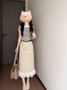 Plus Size MM Beautiful Waist-Cinching Mature Lady Style Slimming Short Sleeve Lace Trim Half Skirt Set For Women_ecoleips.com