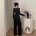 Women's Clothing Women's Elegant Temperament Solid Color Jumpsuit V Neck Long Sleeve Wide Leg Waist Cinching Spring Autumn Style_ecoleips.com