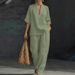 Women's V-Neck Short Sleeve Top Wide Leg Pants Set Two-Piece Casual Comfortable Stretch Fabric Outfit_ecoleips.com