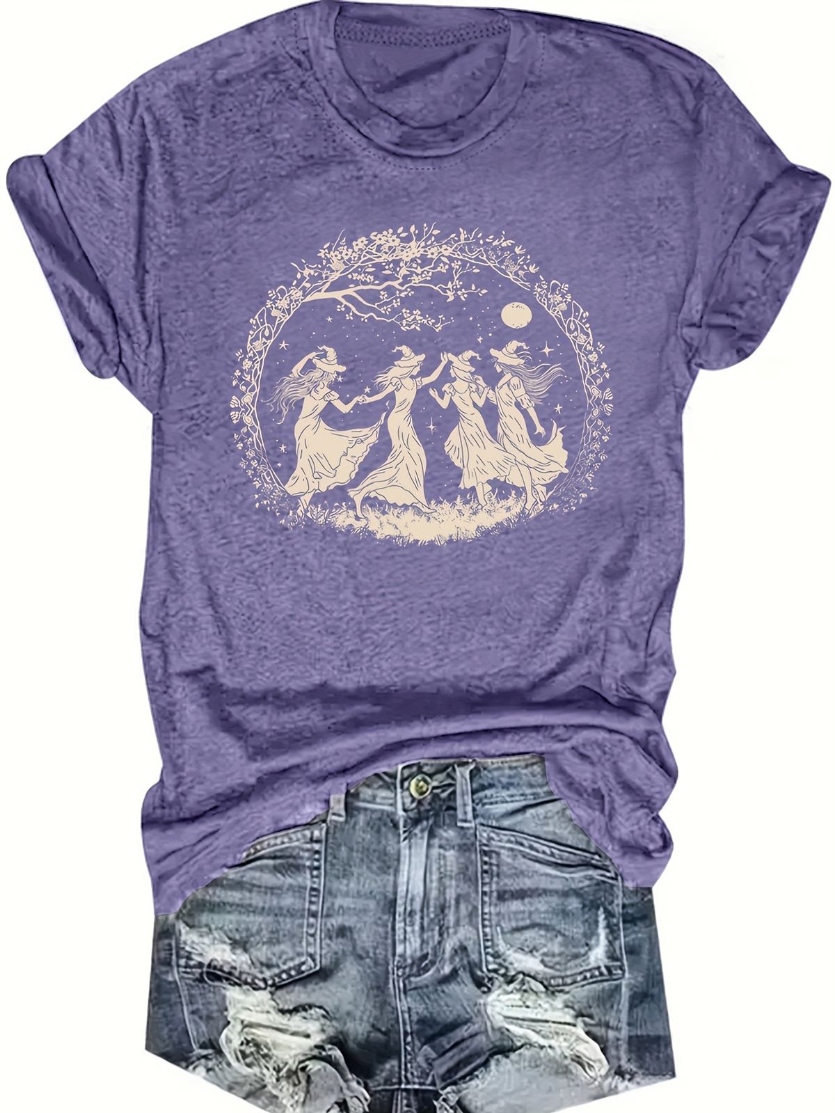 Dancing Witches Moonlit Women's Tee - Witchy Graphic, Casual Boho Top_ecoleips.com