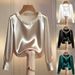 Elegant French-Inspired Pearl Embellished Satin Blouse - Round Neck, Long Sleeve, Pure Color, Office & Casual Wear (Black/White/Beige/Green, S-XXL)_ecoleips.com