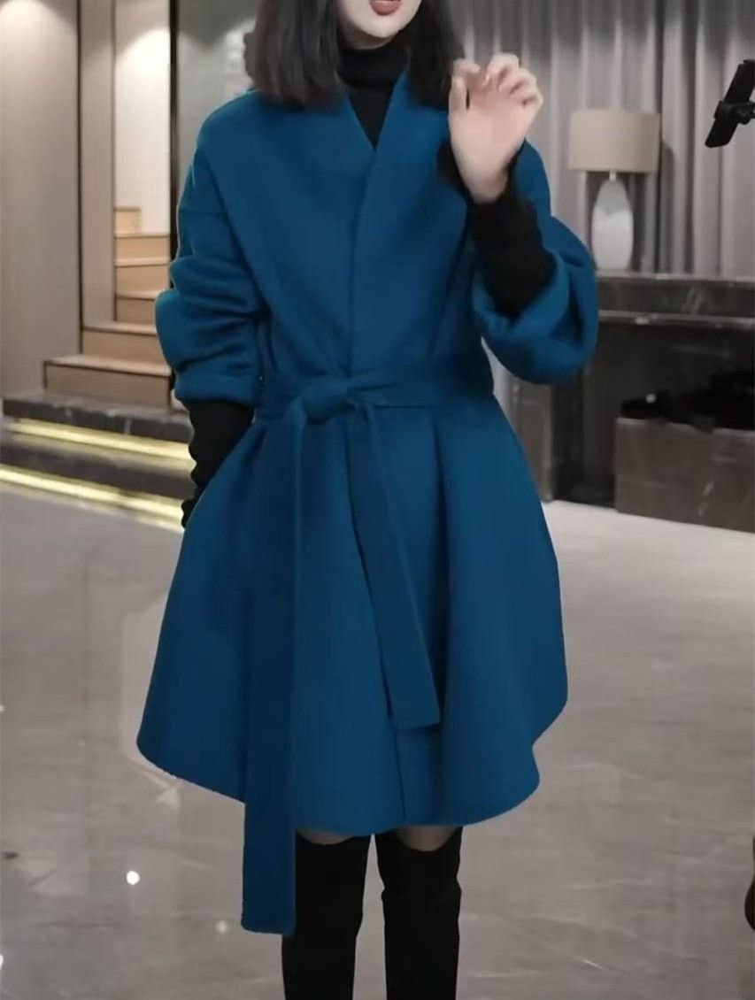 "Effortless Belted Wool-Like Coat – Oversized Drape In Azure (M-3XL) | Minimalist Polyester Elegance For Work & Weekend"_ecoleips.com