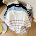 Korean Style Striped V Neck Short Sleeved T Shirt Ice Silk Knit Top for Women New 2026 Summer Real Photos_ecoleips.com