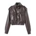 Women's Faux Leather Crop Jacket, Stand Collar Long Sleeve Moto Biker Coat With Pockets, Elastic Hem Casual Streetwear For Daily Commute, Trendy Cropp_ecoleips.com