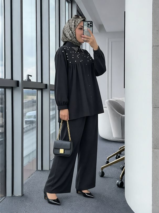 Modest Set Modest Muslim Casual Set – Beaded Blouse & Wide-Leg Pants (6 Colors) – Breathable Polyester-Spandex Mix For Daily Wear & Mosque Visits_ecoleips.com