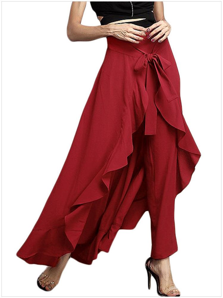 High-Waisted Palazzo Pants With Flowy Wide Leg – Chiffon Dressy Trousers In Black/Navy/Red (S-3xl) | Polyester Office To Evening Pants_ecoleips.com