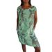Women's Round-Neck, Loose-Fitting, Short-Sleeved, Printed Dress With Pockets_ecoleips.com