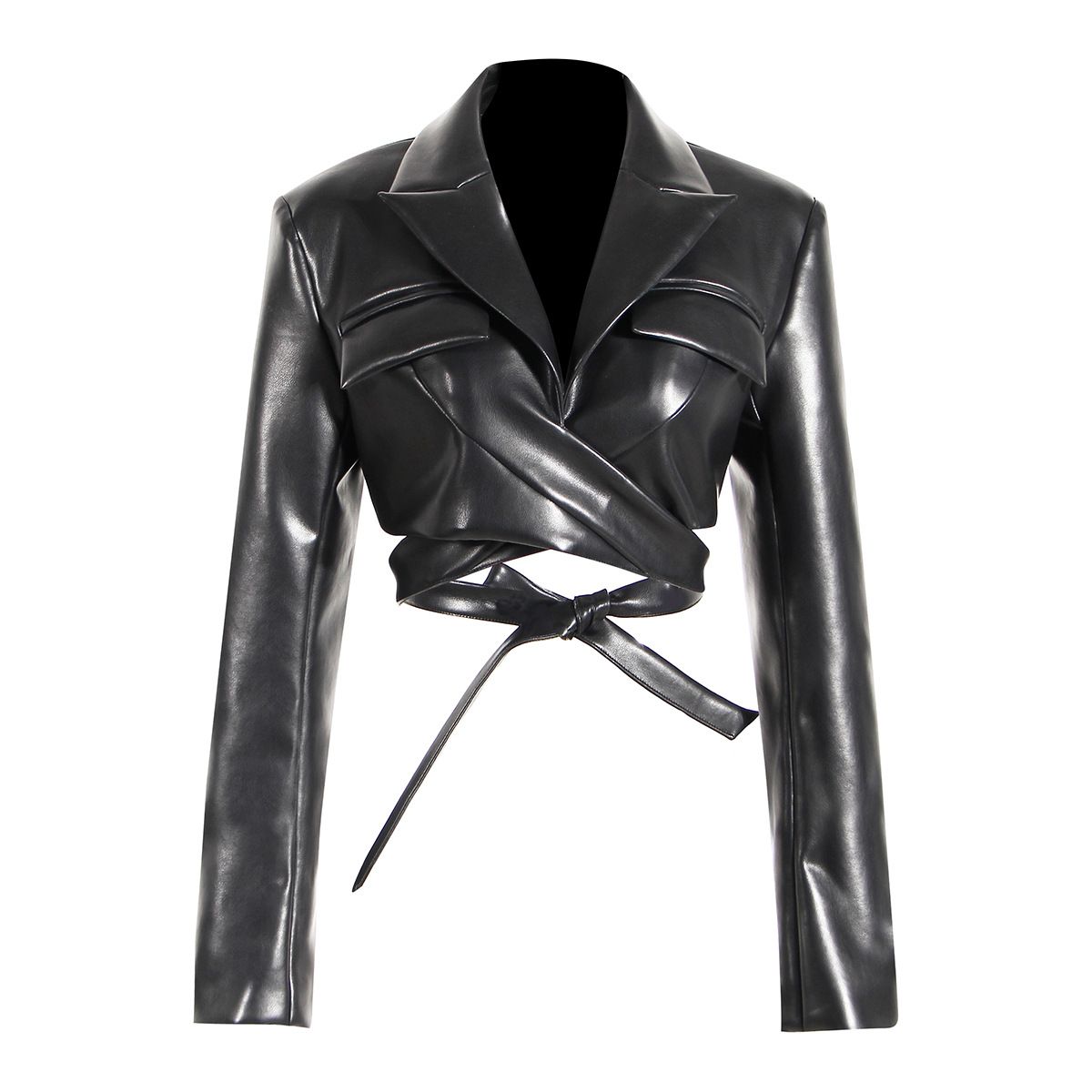 2025s Queen Style Mini Suit 2025 With Full Swing, Cross Straps, Waist Cinching, Chest Revealing, Long Sleeved PU Leather Short_ecoleips.com