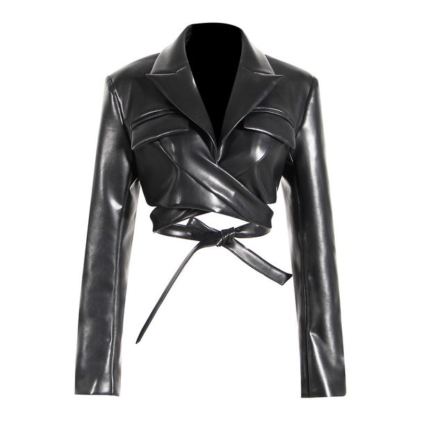 2025s Queen Style Mini Suit 2025 With Full Swing, Cross Straps, Waist Cinching, Chest Revealing, Long Sleeved PU Leather Short_ecoleips.com