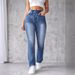 Cross-border 2024 Summer New Fashion Trend Distressed Blue Patchwork High-Waisted Jeans For Women_ecoleips.com