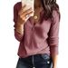 New Fall/Winter 2019 . Long-Sleeve V-Neck Waffle Top European And American Foreign Trade Women's T-Shirt_ecoleips.com