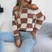 Autumn And Winter New Casual Off-shoulder Color-blocking Plaid Lantern Long-sleeve Sweater Women's Clothing_ecoleips.com