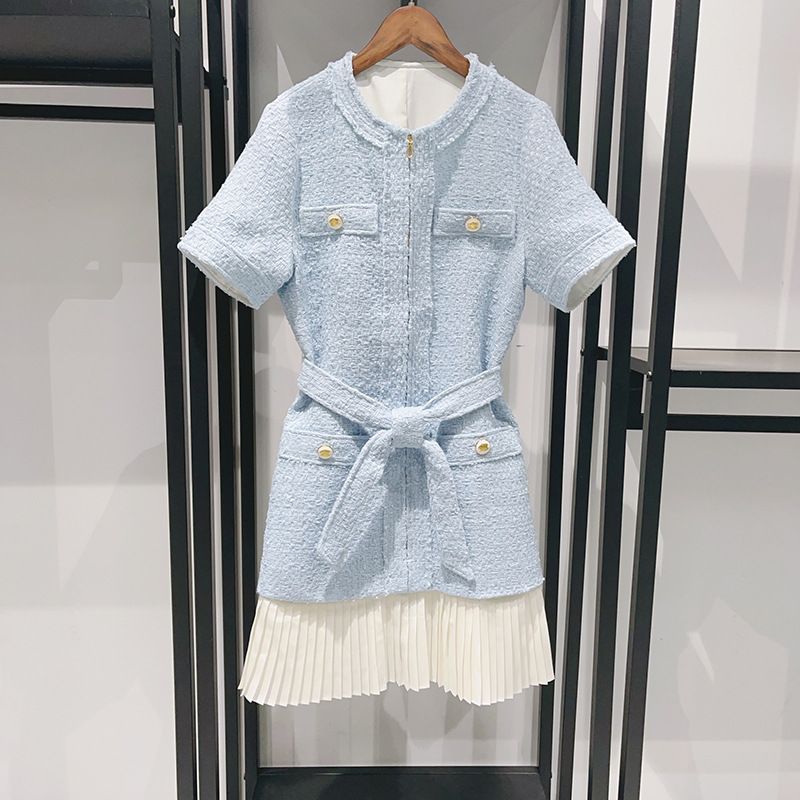 Women's Clothing Early Spring Fashion Sky Blue Tweed Waist Patchwork Pleated Hem Round Neck Dress 24941_ecoleips.com