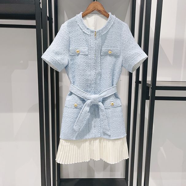 Women's Clothing Early Spring Fashion Sky Blue Tweed Waist Patchwork Pleated Hem Round Neck Dress 24941_ecoleips.com