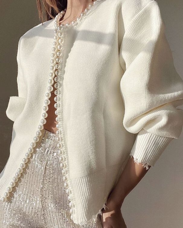 Short Sleeveless Pearl-Trimmed Knit Cardigan – 3D Textured Open-Front Sweater (Black/White, S-XL)_ecoleips.com