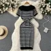 Summer Striped Beach Knitted Dress O Neck Short Sleeves Chic Hotsweet Slim Sundress Streetwear Y2K Bodycon Midi Dress_ecoleips.com