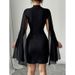 Cross-Border European And American Women's Clothing Round Neck Ribbed Pearl Chiffon Cape Bodycon Dress_ecoleips.com