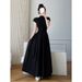 Elegant Black For Women Summer New Niche Design French Hepburn Style Waist-Cinching Slimming Long Dress_ecoleips.com
