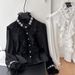 Luxury French-Style Blouse – Sequin & Beaded Embellished High Neck Top With Ruffle & Fringe Detailing (White/Black, One Size Fits Most)_ecoleips.com
