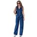 Women's Clothing Sleeveless Single Breasted Denim Straight Pants Two Piece Set_ecoleips.com