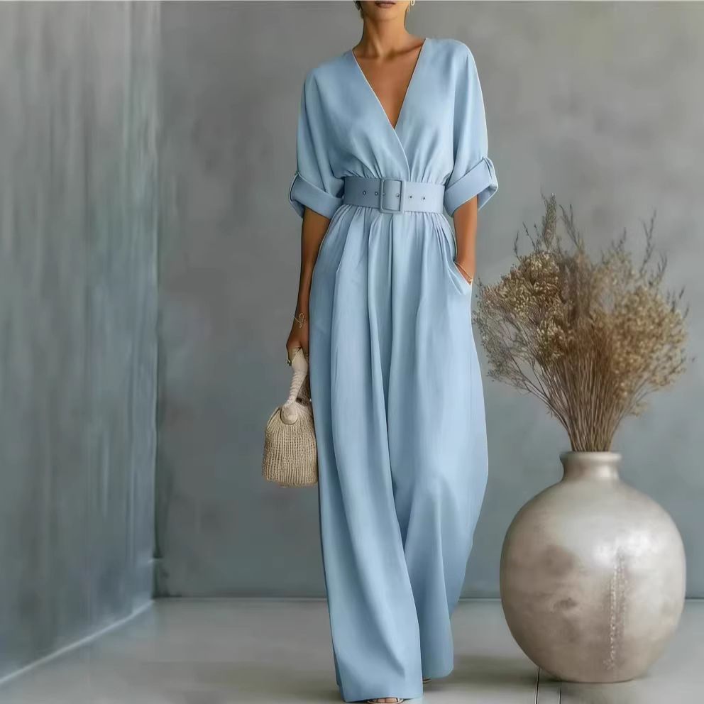 Women's Clothing Elegant Belted V Neck Women's Jumpsuit For Spring Summer_ecoleips.com