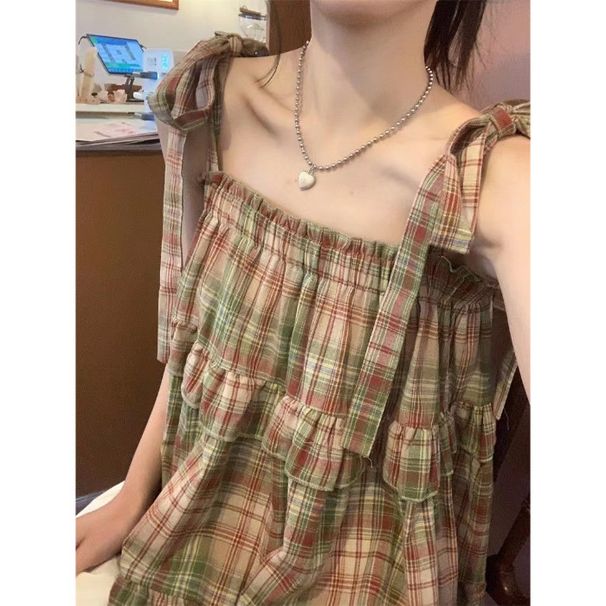 Sweet Girl's Outfit: Retro Lace-Up Square-Neck Vest, Fresh Plaid Babydoll Shirt, Short Sweet And Cool Camisole Top_ecoleips.com