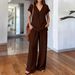 Women's Summer Casual V-Neck Top And Shorts Set Solid Color Relaxed Fit Lounge Wear Outfit Short Sleeve_ecoleips.com
