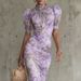 K New Bubble Sleeve Printed Slim Fit Long Dress With Fashionable Pleated Design. No Necklaces Or Other Accessories_ecoleips.com